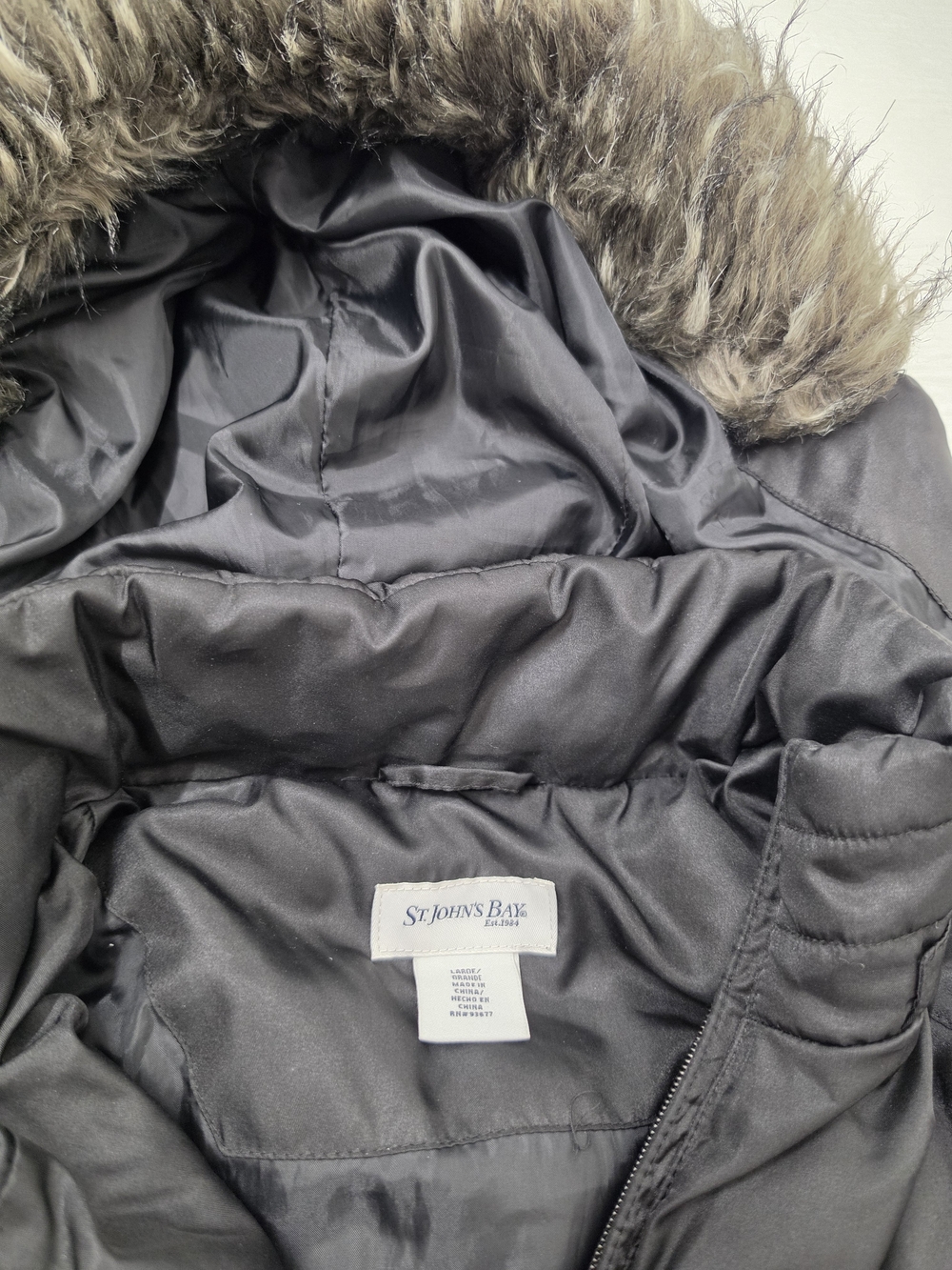 St. John's Bay Black Women's Puffer Coat with Faux Fur Trim
